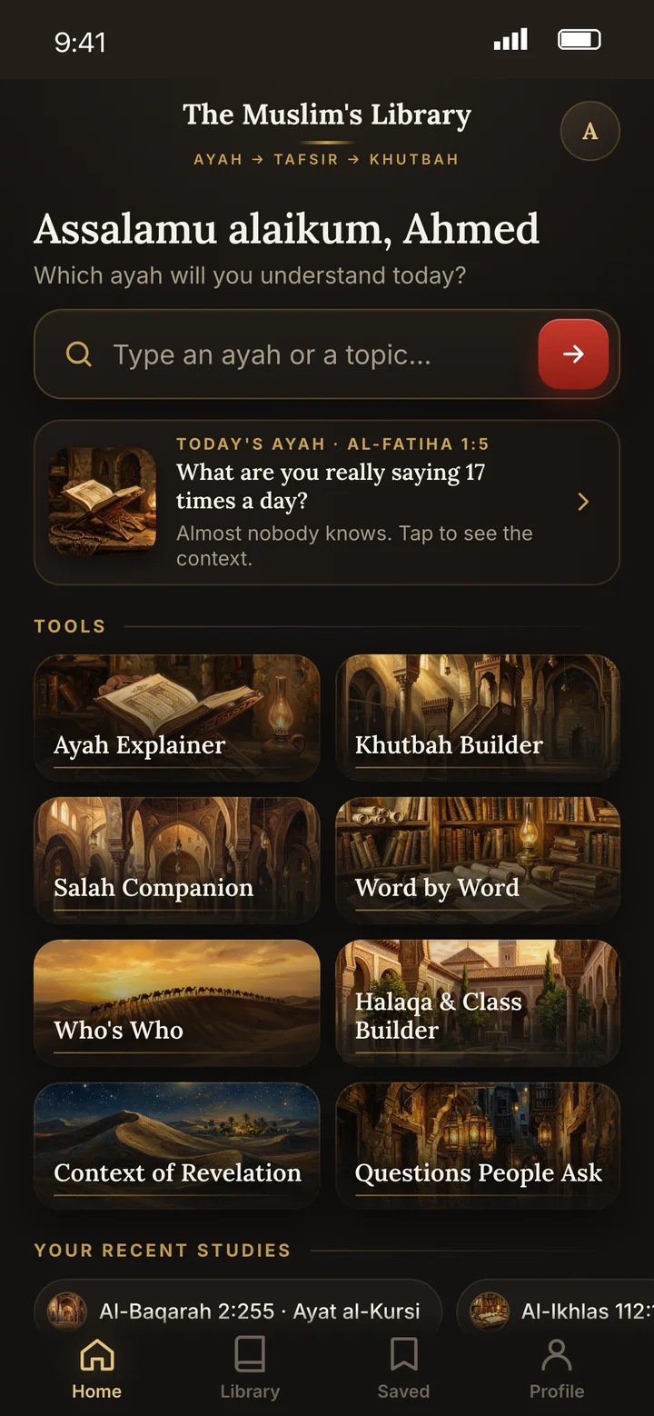 The Muslim's Library app: the home screen with the 8 tools