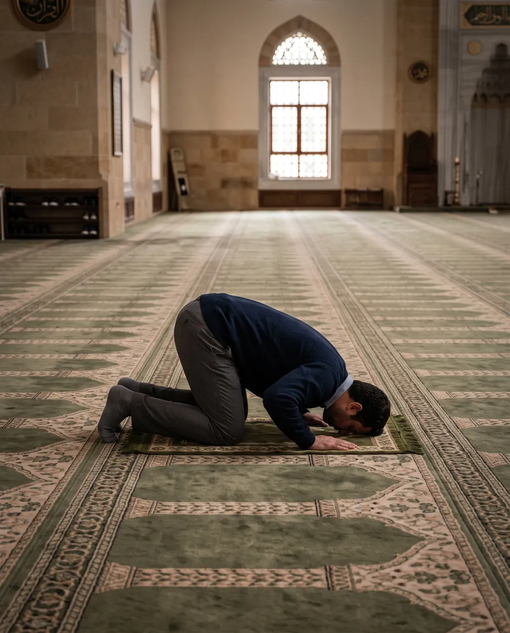 A man in sujud alone in a quiet mosque
