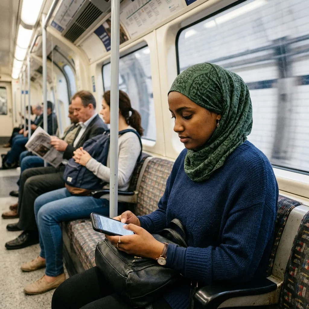 A young woman studying on her phone on the train