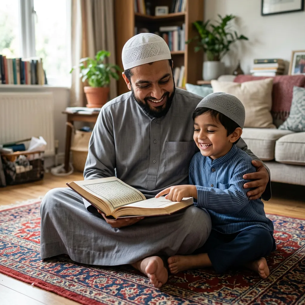 A father teaching his son from the Quran